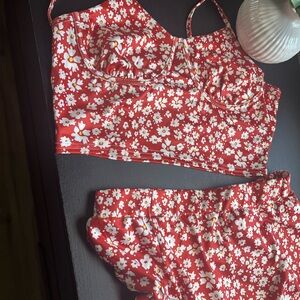 Red-orange Floral Midi Skirt with Top set - Women's Elastic Waist